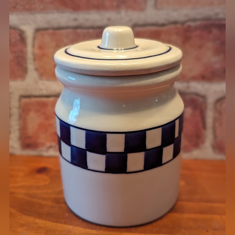 Hartstone Pottery farmhouse lidded canister jar blue checkered